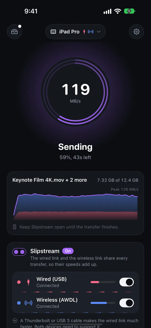 Slipstream sending at 119 MB/s over cable and wireless